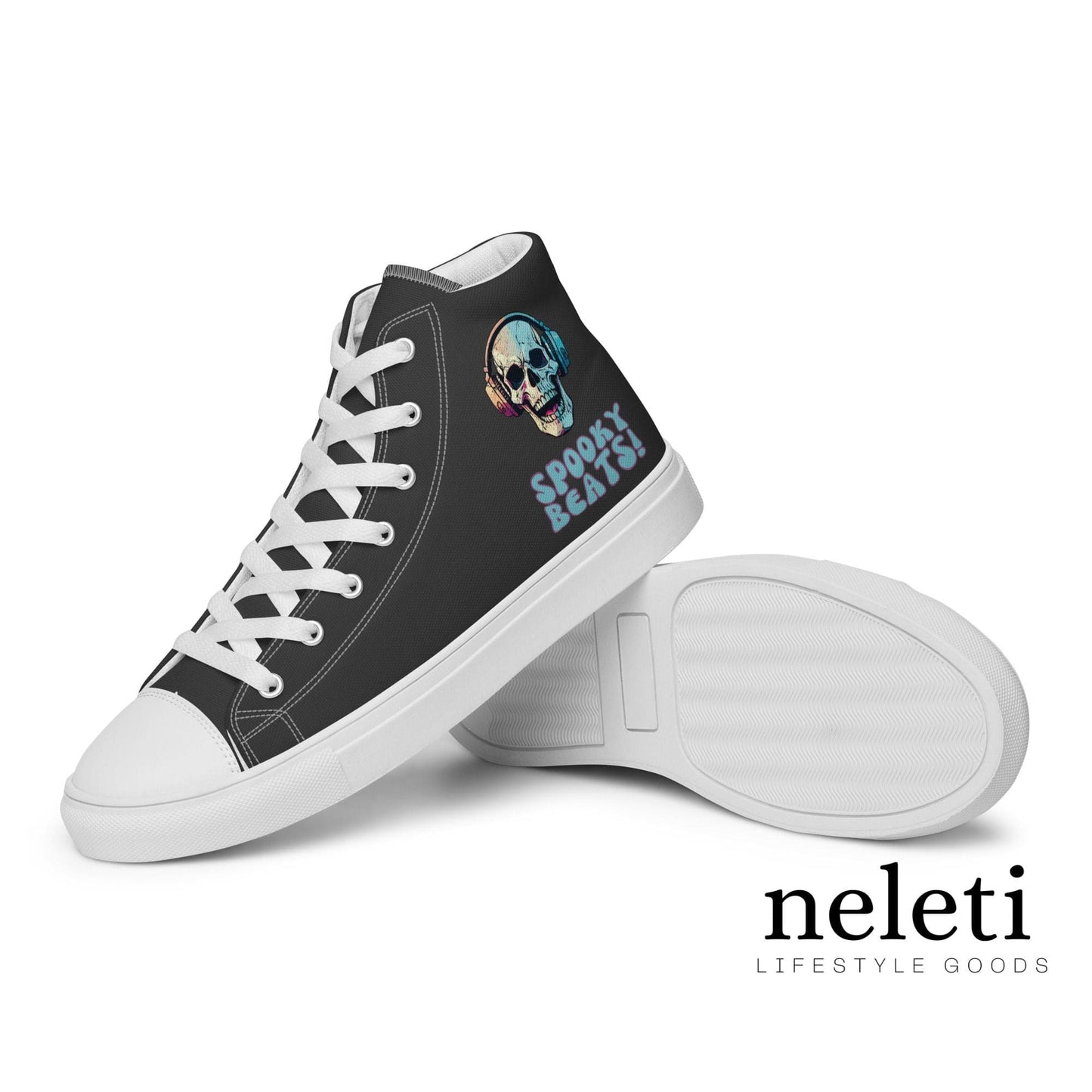 Black High Top Canvas Shoes with Skull Motif for Men