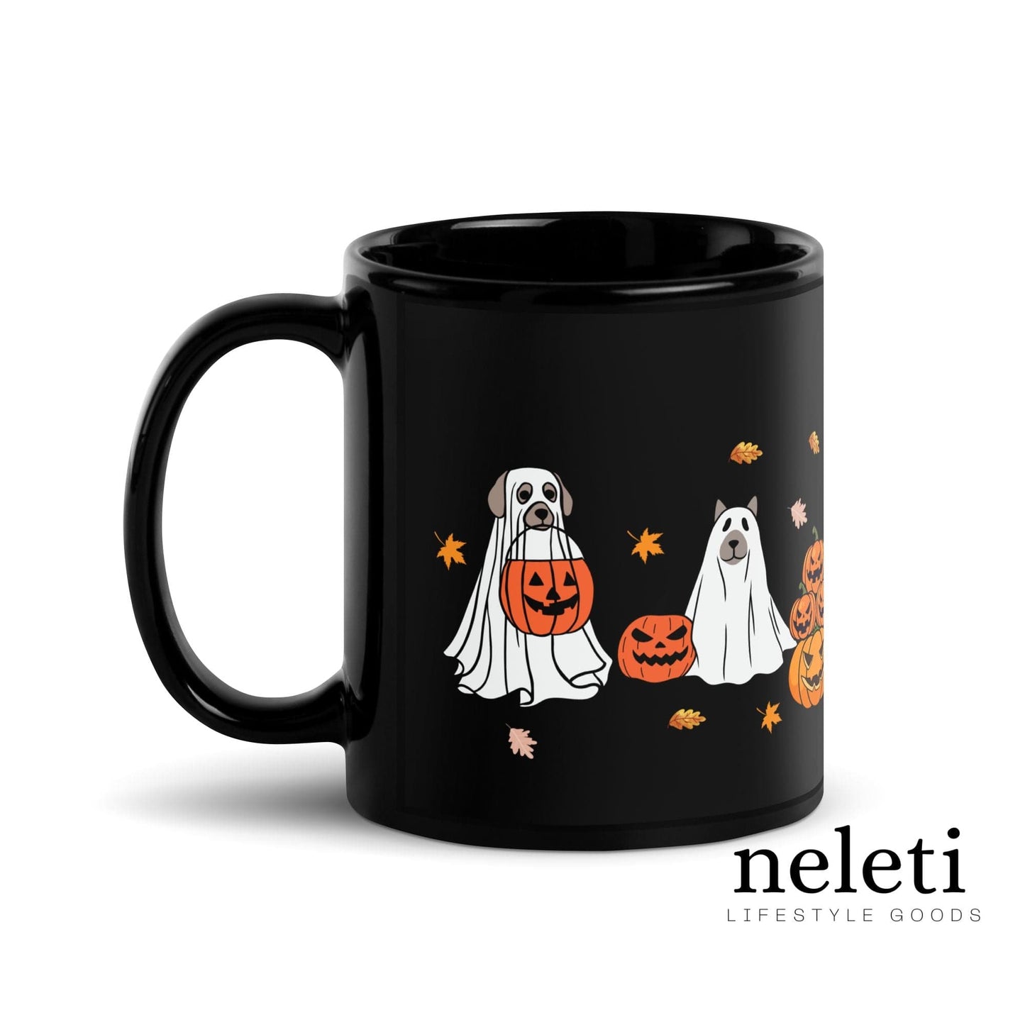 Halloween-themed black mug designed for dog lovers with spooky motifs