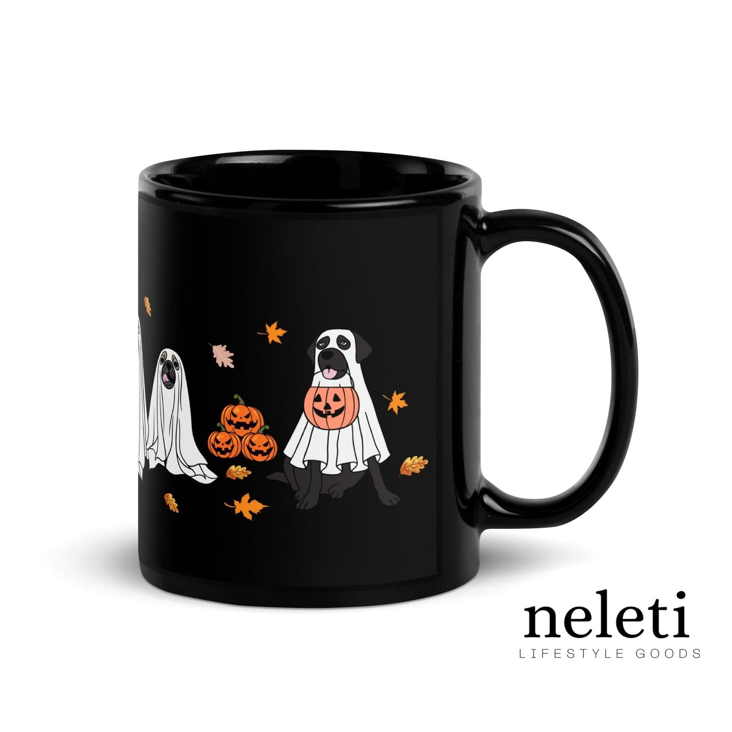 Festive black Halloween mug with unique dog lover's design elements