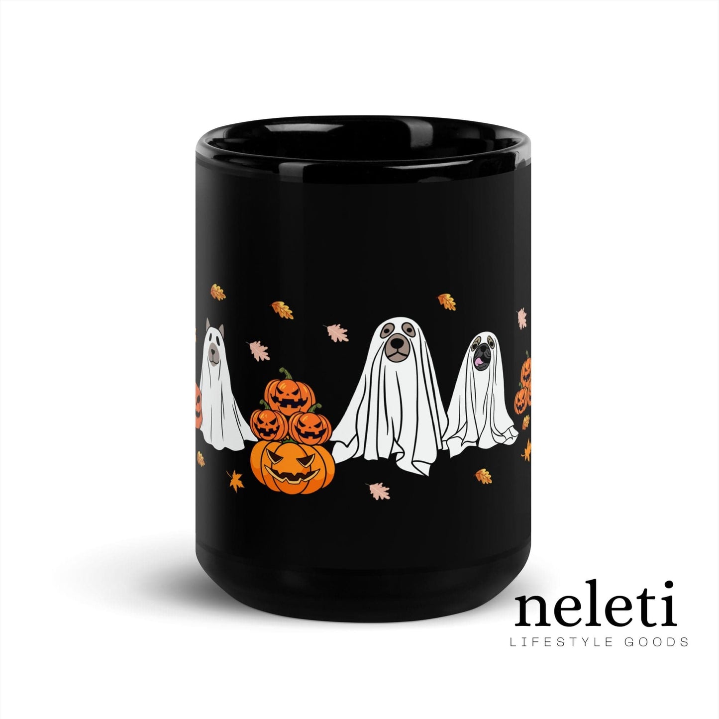 Close-up of a black mug with ghost and pumpkin graphics for Halloween