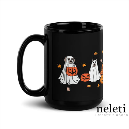 Side view of a black Halloween mug with a ghost and pumpkin design