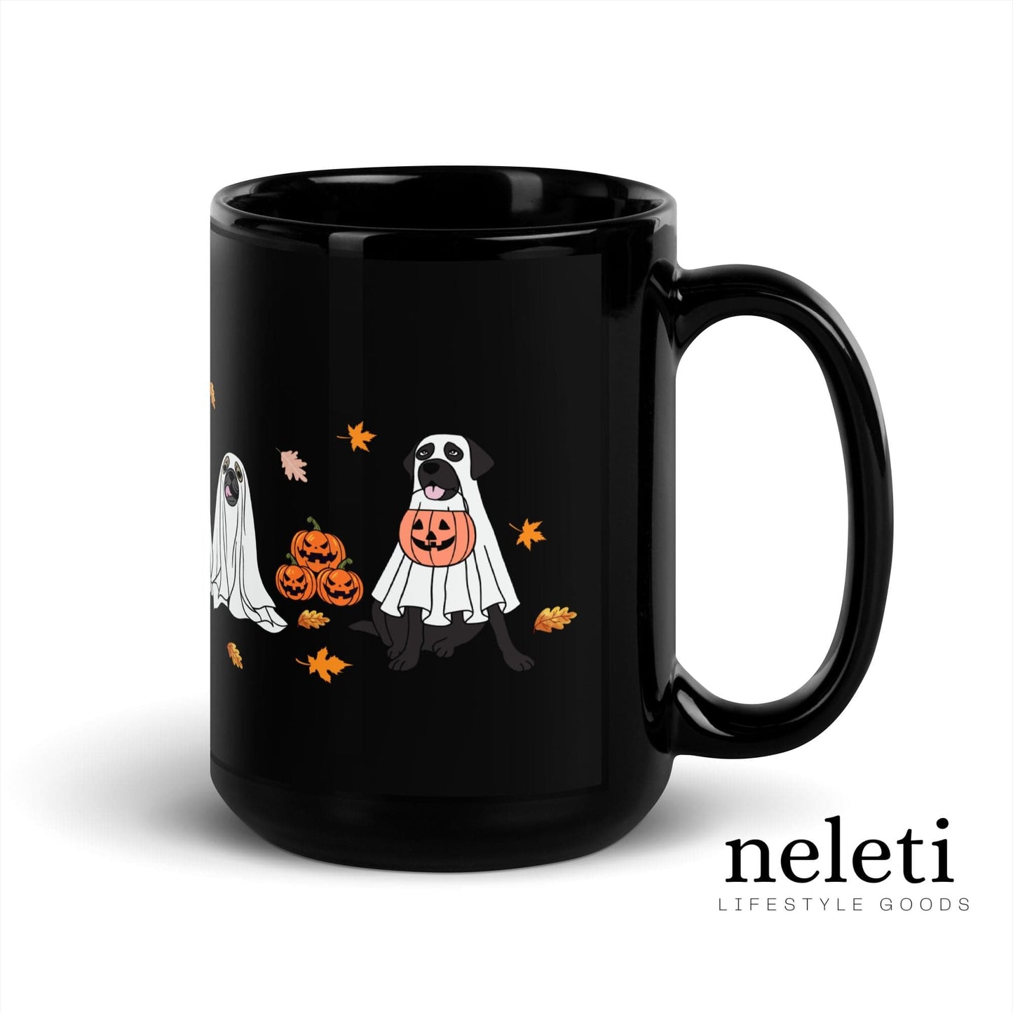 Black coffee mug adorned with Halloween ghost and pumpkin patterns for pet enthusiasts