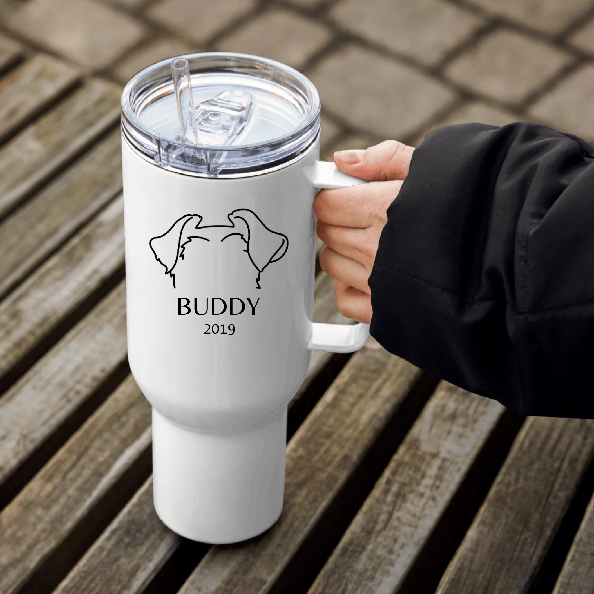 Custom Dog Ears Travel Mug - Personalized Name & Year for Dog Parents