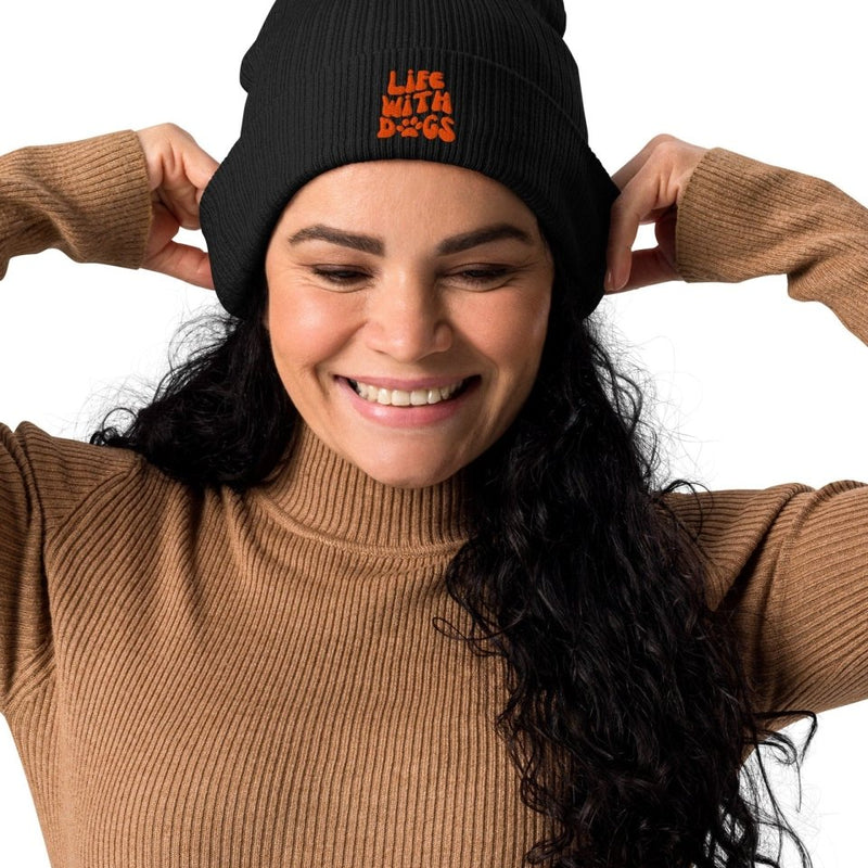 'LIFE WITH DOGS' Organic Cotton Beanie - Embroidered Dog Parent Hat - neleti