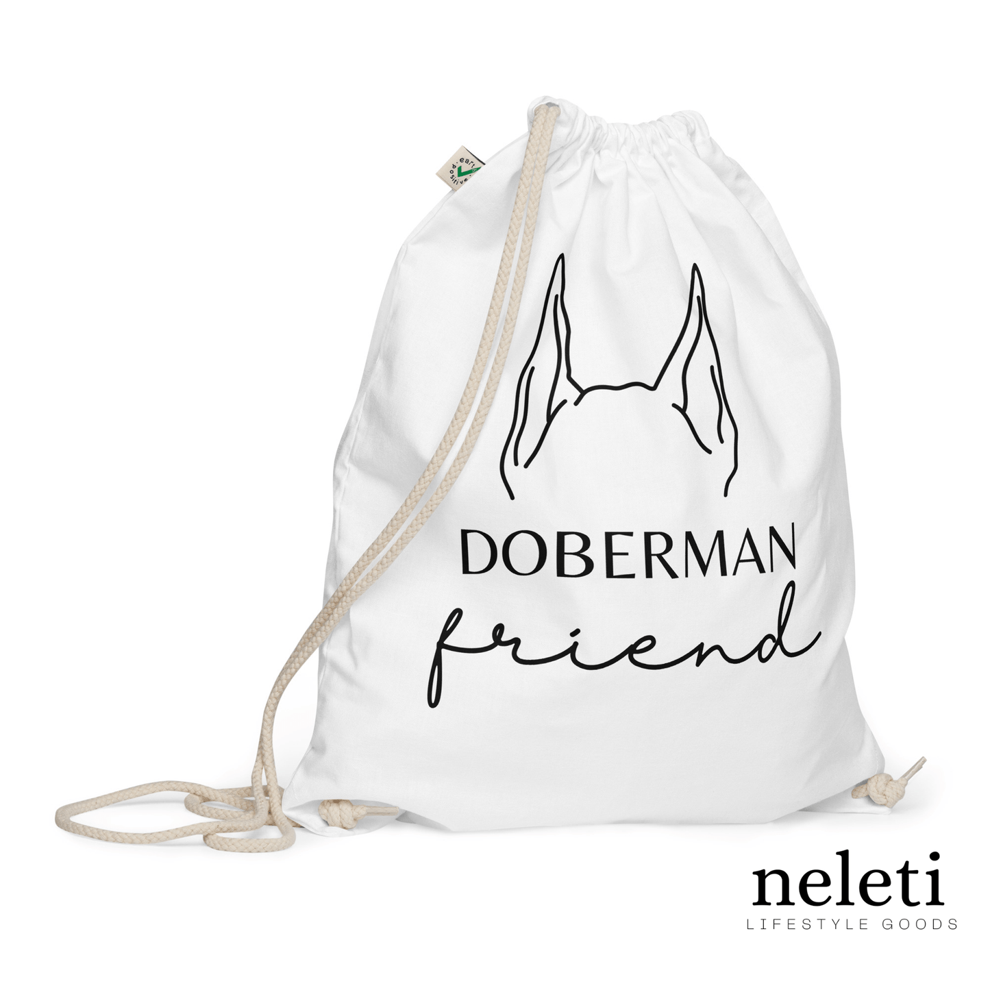 neleti.com-Doberman-Ears-on-White-Organic-Cotton-Drawstring-Bag