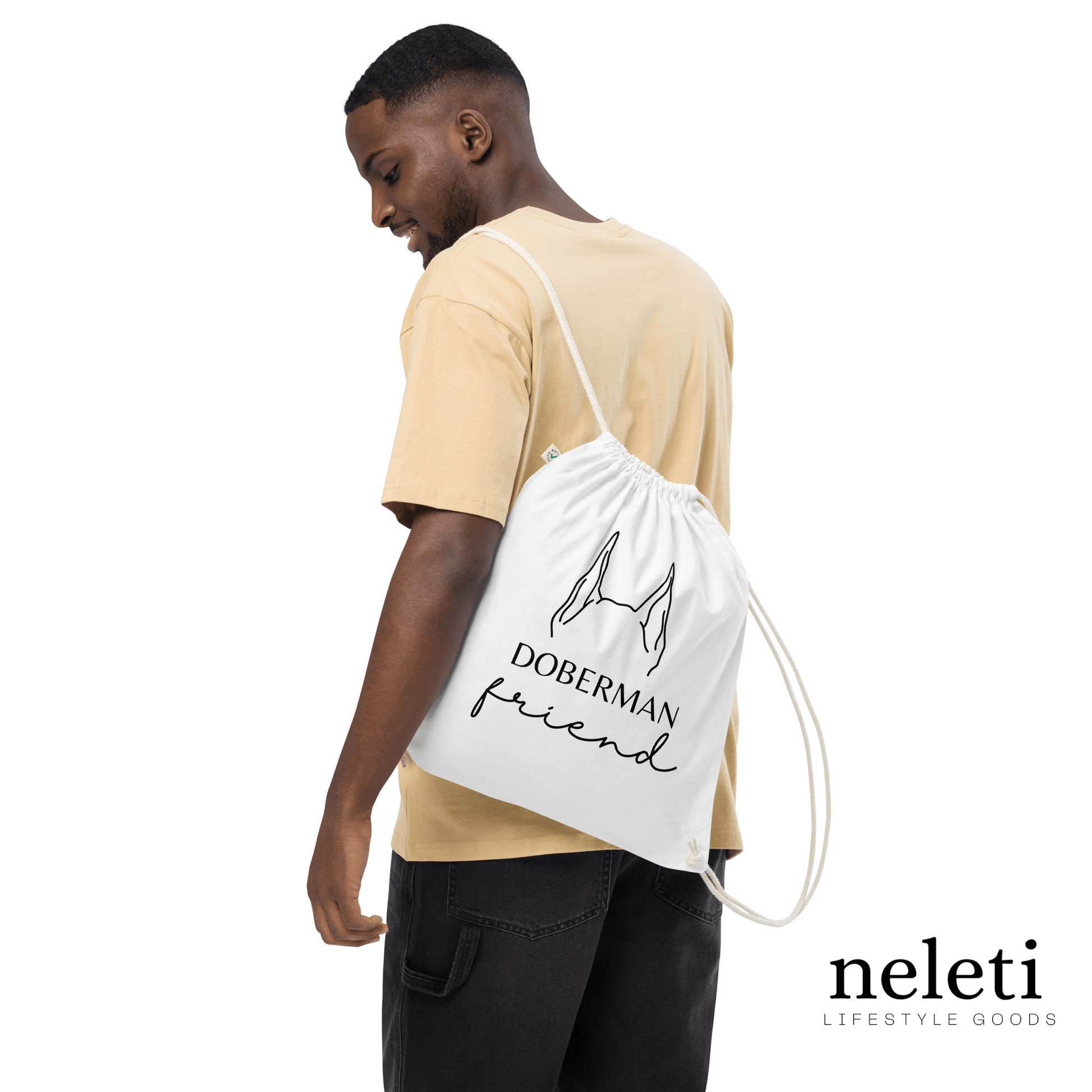 neleti.com-Dog-Ears-on-White-Organic-Cotton-Drawstring-Bag