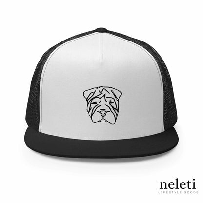white-black-trucker-hat-with-embroidered-dog-face