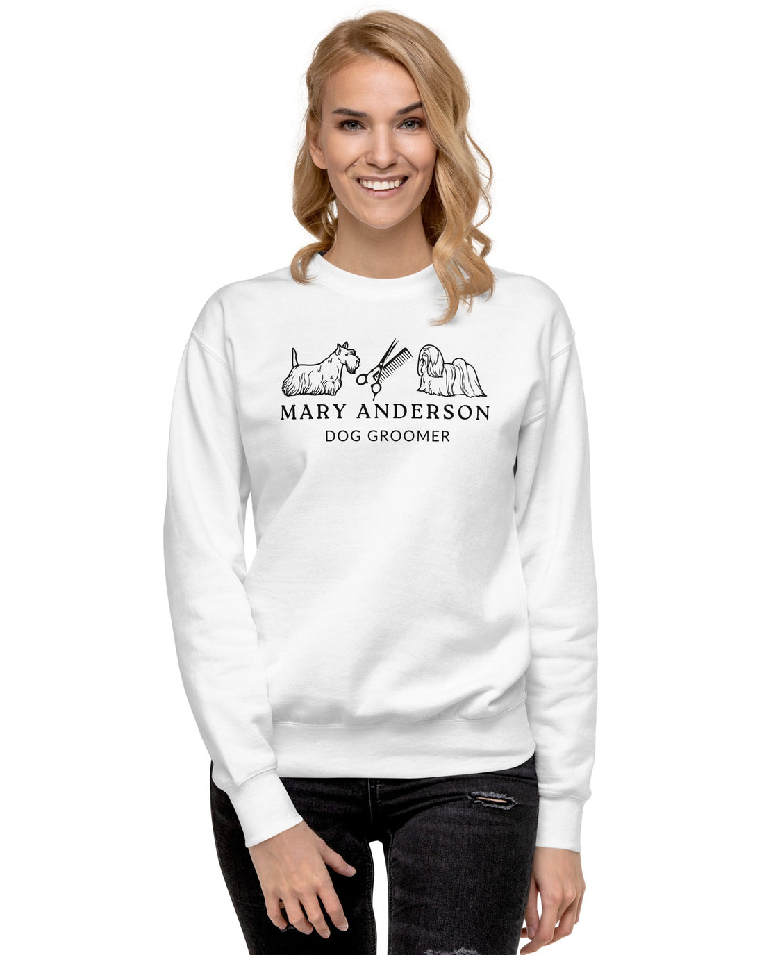 white-sweatshirt-for-dog-groomer-with-personalization